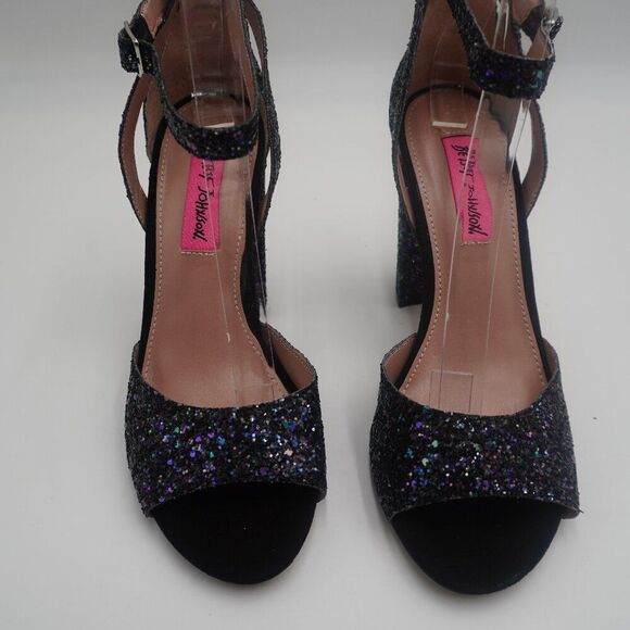 Betsey Johnson Glissten Black Glitter Chunky Block Heel Ankle Strap Sandals Sz 7 - Picture 1 of 6